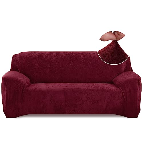 Aisprts Velvet Sofa Cover 3 Seater Easy Fit Stretch Sofa Slipcovers Couch Covers 1-Piece Universal Settee Covers Living Room Non-Slip Washable Armchair Covers, Wine Red, 3 Seater