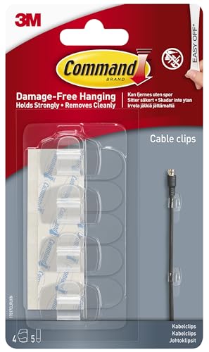 Command Clear Round Cord Clips, 4 Clips and 5 Adhesive Strips, Transparent - Damage Free Hanging - Hanging Lights and Cable Management