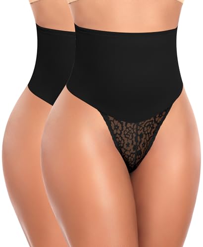 Image of Werena Tummy Control Thong Shapewear for Women High Waist Body Shaper Panties Girdle Lace Shaping Underwear