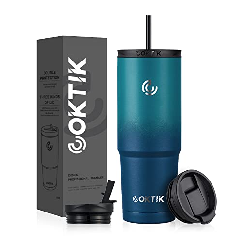 COKTIK Isolierter Becher mit 3 Deckeln (2 Trinkhalme/Flip), Edelstahl, doppelter Vakuum-Kaffeebecher, 100 % auslaufsicher, für Zuhause, Büro, Sport, Schule Cover
