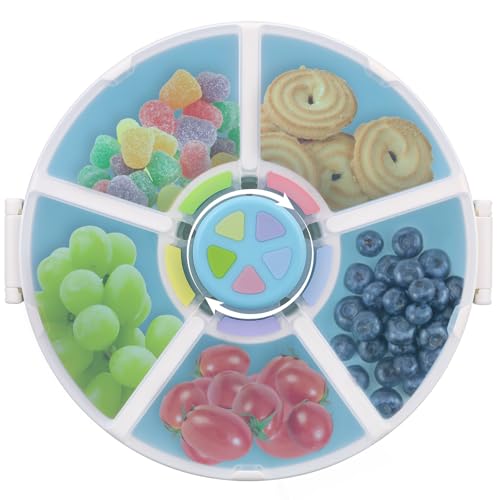 JOOPETALK Kids Reusable Rotating Snack Container with 5 Separate Compartments Color Matching Opening Lid BPA/PVC-Free Dishwasher Safe Perfect for Travel School Lunches & On-the-Go Snacking-Blue
