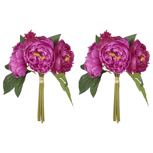 ICBOX Hot Pink Peonies Silk Flowers 2 Bouquets Fake Peonies 14 Heads Faux Peony Flowers with Stems for Wedding Decoration Bride Bouquet Faux Flowers Crafts Floral Arrangement (Hot Pink)