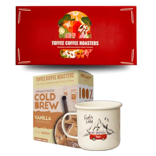 Image of Toffee Coffee Roasters | Cold Brew Gift Box | Vanilla Cold Brew (Pack of 4 Bags) + Enamel Mug | As Seen On Shark Tank | 100% Arabica Coffee, Grounded Coffee Freshly Roasted