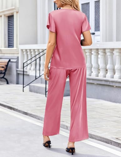 Image of Ekouaer Women's Satin Silky Pajama Set 2 Piece Short Sleeve Shirt with Long Pants Pjs Sets Soft PJ Loungewear S-XXL