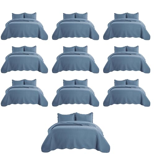 IR Imperial Rooms Queen Quilt Bedding Set (90" x 96") - Bulk Pack of 10 Wholesale for Hotels, Guest Bedroom & Airbnbs - Lightweight Microfiber Reversible Embossed Quilts Bedspreads (Light Blue)