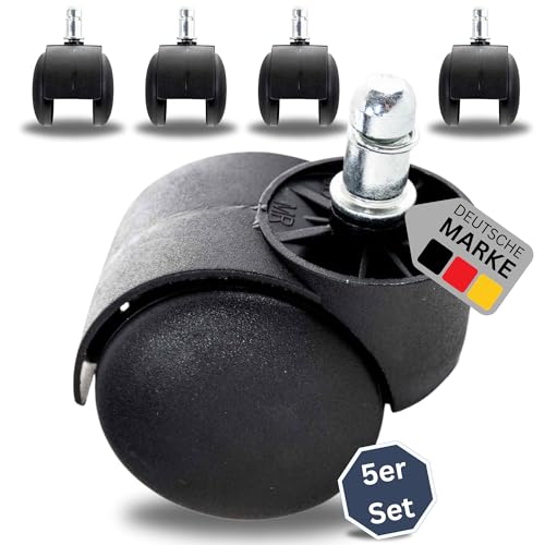 DELUKE® Bürostuhl Rollen 11mm Stift | 5er Set Rollen für Bürostuhl | 11x20mm Stift | Bodenrollen für Hartböden, Parkett, Teppich, Laminat | Rollen für Schreibtischstuhl, Drehstuhl