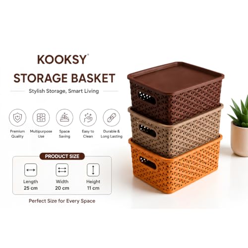 Image of Storage Box and Organiser with Lid (Pack of 3) | Plastic Storage Basket for Kitchen, Clothes & Home Essentials | Multipurpose Storage Organizer Containers | Storage Box Set (25 x 20 x 11 cm)