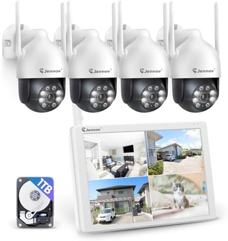 Jennov Überwachungskamera Set Aussen WLAN mit 10''Monitor 10CH Wireless NVR | 4 Pcs 5MP 360° PTZ WiFi Kameras mit 2 Wege Audio, Spotlight Alarm, Farbe Nachtsicht, Automatische Verf