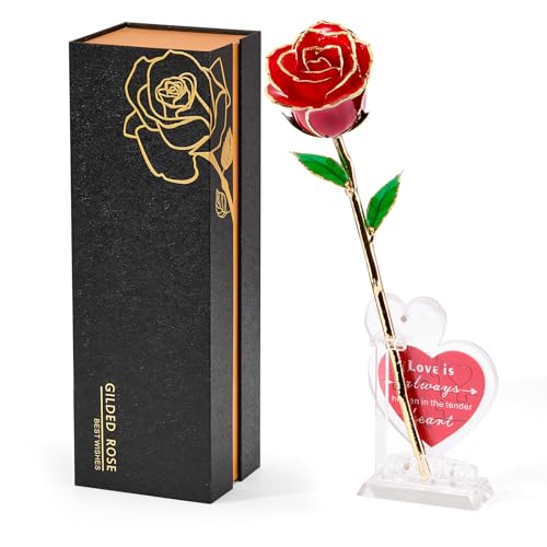 Mikasol Echte 24K gouden gedompelde realistische roos - tijdloze levensechte bloei met hart puzzelbasis - romantisch rood bloemencadeau voor haar, vrouw, vriendin, moeder - verjaardag, jubileum