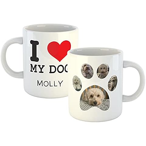 Personalised Mug I Love My Dog - Add Your Dogs Name and 5 Photos Inside a paw (11oz) Upload Your Own Images with Your Dog's Name - Custom Pet Gift for Birthdays, Christmas, Special Occasions Cover