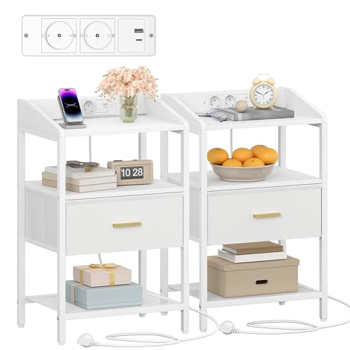 Hzuaneri Table de Chevet Lot de 2, Table d'Appoint avec Multiprise, Tables de Nuit avec 1 tiroir en...