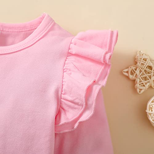 Toddler Baby Girl Solid Color T-Shirt Kids Blouse Plain Ruffle Sleeve Top Cotton Casual Clothes (033C-Pink, 18-24 Months)
