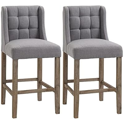 HOMCOM Modern Bar Stools, Tufted Upholstered Barstools, Pub Chairs with Back, Rubber Wood Legs for Kitchen, Dinning Room, Set of 2, Grey