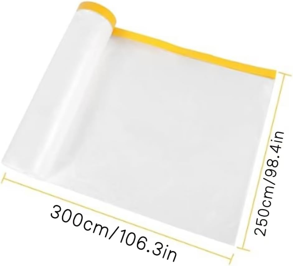 3 Pcs Pre-Taped Masking Film，Self-Adhesive Dust Sheets Versatile Painter's Plastic Drop Cloth for Auto Wall Furniture Painting and Spraying Protection(300cmx250cm)