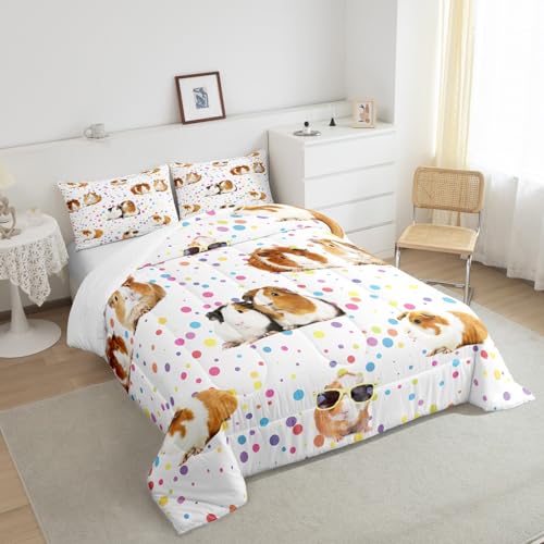 Image of Guinea Pig Bedding Set for Girls Boys Children Cute Cavy Pattern Comforter Decorative Cartoon Lovely Pet Animal Comforter Set Colorful Polka Dots Duvet Set Twin Size 2Pcs Bedspreads Coverlet Sets