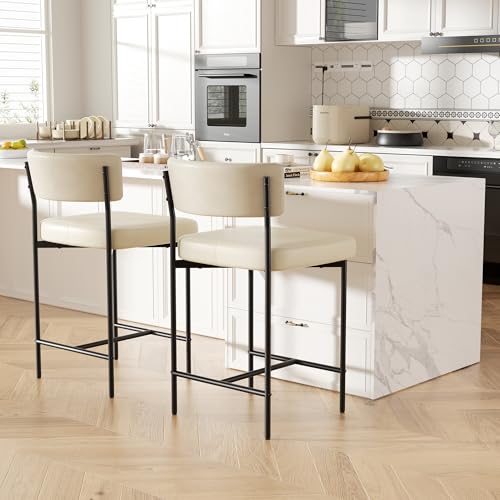 Image of Bar Stools Set of 4, Faux Leather Counter Height Barstools with Curved Back, 25 Inch Upholstered Bar Chairs, Modern Counter Stools for Kitchen lsland, Beige