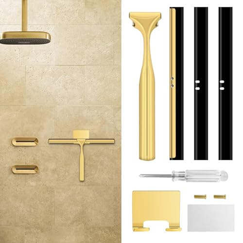 Image of Shower Squeegee for Glass Doors,10 Inch Stainless Steel Squeegee for Shower Glass with Storage Hook, Shower Squeegee for Tile Shower Walls, Window Mirror Squeegee and Car Glass (Gold)