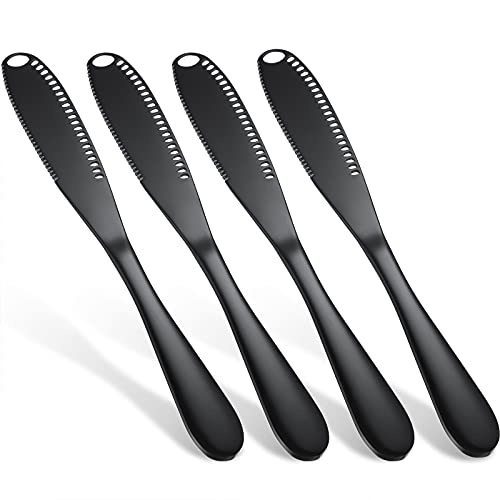 4 Pieces Butter Spreader Knife Stainless Steel Butter Grater with Serrated Edge Shredding Slots, 3 in 1 Butter Knife Kitchen Gadgets (Black)