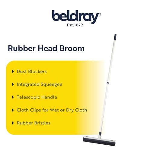 Beldray Rubber Head Broom - Dust Blockers, Integrated Squeegee for Windows/Hard Floors, Telescopic Handle to 120cm, Cloth Clips for Wet/Dry Cloths, Rubber Bristles for Indoor Use, Pet Hair Sweeper