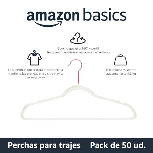 Miniatura 2 de Amazon Basics perchas antideslizantes, delgadas, con acabado de terciopelo,Paquete de 50, Marfil/Dorado