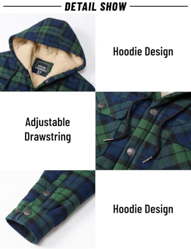 Image of MAGNIVIT Men's Flannel Jacket Plaid Fleece Button Hoodie Jackets Shirt | pure cutton,5 pocket,adjustable drawstring hood,casual,work,outdoor