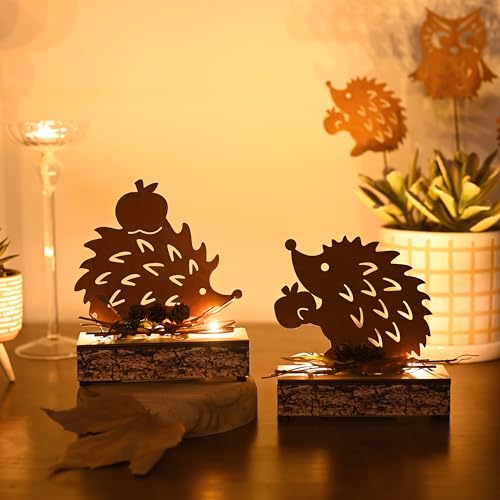 Valery Madelyn 2er Herbstdeko Igel Figuren mit LED Timer aus Rost...