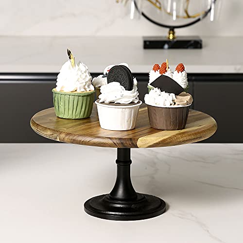 Mygift 11 Inch Natural Acacia Solid Wood Round Cake Stand, Dessert Cupcake Display Server Platter With Black Footed Turned Pedestal Base #TOP4