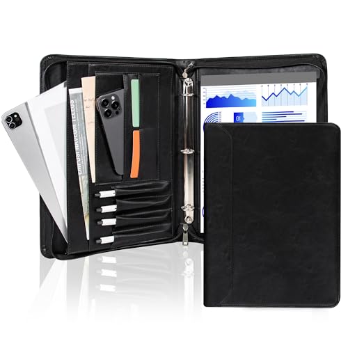 AZXCG Zipper Padfolio Binder, 3-Ring A4/Letter, PU Leather