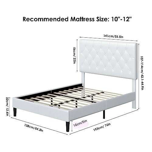Keyluv Upholstered Platform Bed Frame With Button Tufted Headboard, Faux Leather, Wooden Slats Support, No Box Spring Needed, Easy Assembly, Full Size, White #TOP1