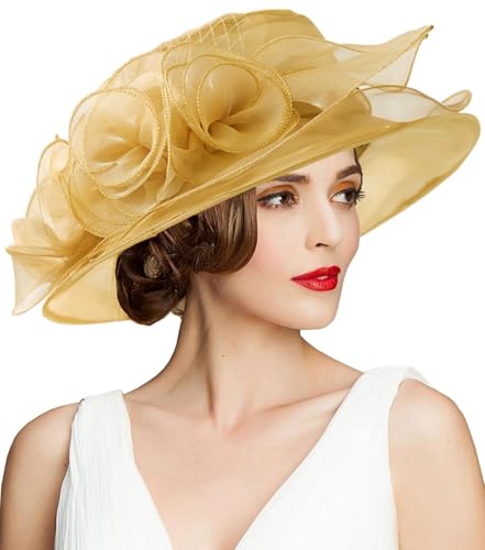 RZTA Women's Kentucky Derby Church Dress Hat Wide Brim Leaf Flower Bridal Shower Hat A1 Gold
