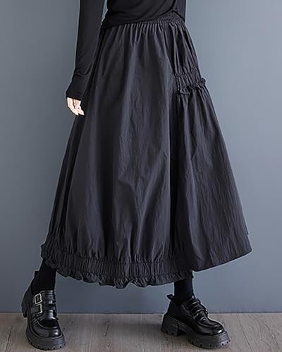 ellazhu Women's Skirt Elastic Waist Solid Two Side Pockets Flowy Ruffle Hem Baggy Loose GZ3232