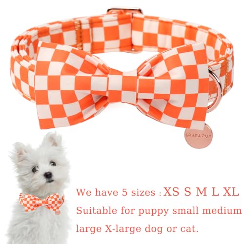 Image of Fall Dog Collar with Bow Tie, Orange Plaid Bowtie Dog Collar, Autumn Bowtie Collars for Puppy Boy Girl Dogs, Comfortable Cotton Dogs Collars with Metal Buckle