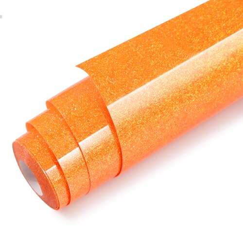 WRTUUED Orange Glitter HTV Heat Transfer Vinyl Rolls - 12 x10ft Glitter Neon Orange Iron On Vinyl for Cricut and Shirts Easy to Cut & Weed & Transfers for Heat Press Vinyls DIY Fabric Design