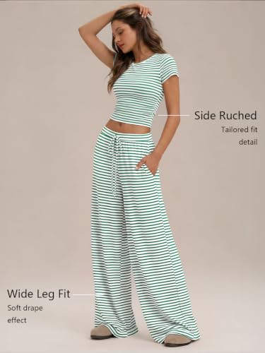 Image of Trendy Queen 2 Piece Matching Summer Lounge Set Womens Side Ruching Top Wide Leg Pants Sets with Pockets