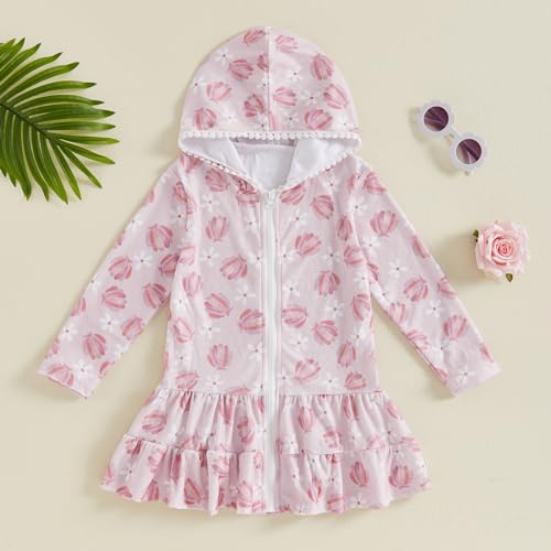 Image of Girls Terry Cloth Swim Cover Up Zip Up Hooded Bathing Suit Coverup Wraps Rufled Kids Pool Beach Robe Cover-Up Dress