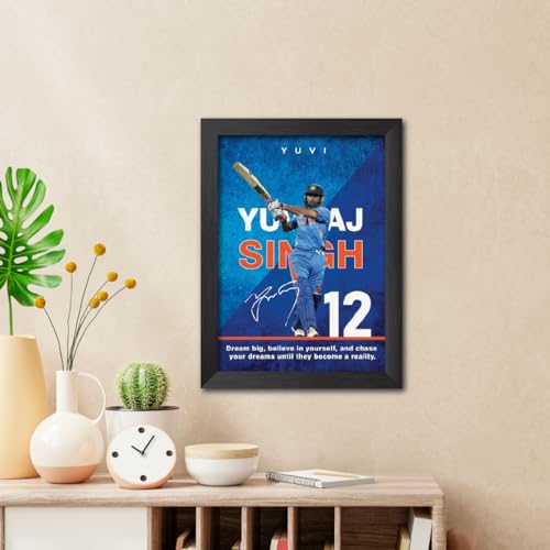 Image of TenorArts Yuvraj Singh Poster with Quotes Indian Legend Cricket Player Photo Frame Painting with Matt Finish Black Textures (12 inches x 9inches)