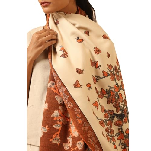 Dusala Women's Reversible Cashmere Stole - Nature & Butterfly Print, Soft Pashmina Shawl, Orange & Beige, Fashionable Accessory for All Seasons & Evening Dresses - 28x80 Inch2