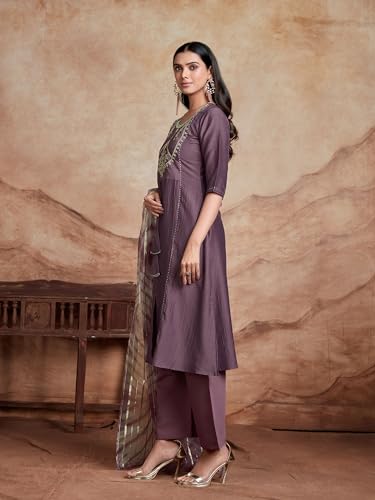 Image of EthnicJunction Women's Chinon Embroidered Straight Front Slit Kurta Palazzo & Organza Dupatta Set | Wedding | Heavy | Outfit | Suit