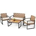 PHI VILLA Wicker Patio Furniture Set for 4, Rattan Loveseat & Chairs with Beige Cushions & Acacia Wood Coffee Table, Outdoor Modern Sectional Conversation Sofa Set for Deck, Yard, Porch