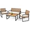 PHI VILLA Wicker Patio Furniture Set for 4, Rattan Loveseat & Chairs with Beige Cushions & Acacia Wood Coffee Table, Outdoor Modern Sectional Conversation Sofa Set for Deck, Yard, Porch