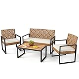 PHI VILLA Wicker Patio Furniture Set for 4, Rattan Loveseat & Chairs with Beige Cushions & Acacia Wood Coffee Table, Outdoor Modern Sectional Conversation Sofa Set for Deck, Yard, Porch