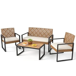 PHI VILLA 4 Pieces Rattan Garden Furniture Set, Patio Outdoor Convervatory Sofa Set 4 Seater with 2 Armchairs, 1 Loveseat Sofa and 1 Coffee Table