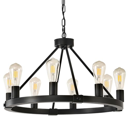LOFTPLUS Black Modern Farmhouse Wagon Wheel Chandelier for Dining Room Light Fixtures 8 Lights Chandeliers for Living Room Kitchen Island Entryway Foyer Porch Bedroom Dia 24
