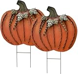 Morning View Pumpkin Garden Stakes Metal Yard Sign Fall Decor Outdoor Autumn Yard Stake Art Pumpkin Lawn Ornaments for Patio Porch Thanksgiving Halloween Harvest 26 Inches Tall Set of 2