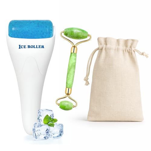 Rodillo de Hielo Facial (Ice Roller) y Rodillo de Jade verde. Cuidado Natural de Cara y Ojos, Reduce Hinchazon, Activa la Circulacion, Cierra Poros, relaja y Tonifica, Drenaje Linfatico.