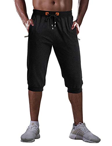 MAGNIVIT Men's 3/4 Casual Long Shorts Breathable Elastic Cotton Gym Short Pants Black