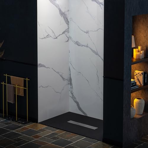 WOODBRIDGE 60\" W x 96\" H 3-Piece Solid Surface Tile Tub and Shower Wall Panel Surround Kit in Carrara White, 3.5 mm thick, Quick Install and Trimmable