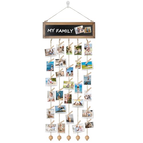 Corpower Colgar Fotos con Pinzas - Marco para Múltiples Fotos, 38x12cm, Cortina de Fotos, Marco con Clips y Cuerda, Contiene 30 Clips Pequeños de Madera
