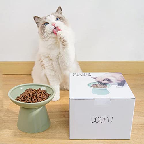 Ceefu Extra Wide Elevated Cat Bowls - Ceramic Cat Food Bowl 6.2" Raised Cat Food Bowls Elevated Shallow Cat Food Dish, Whisker Fatigue, Lead & Cadmium Free, 5" Good Height For Cat Feeding, Green #TOP3
