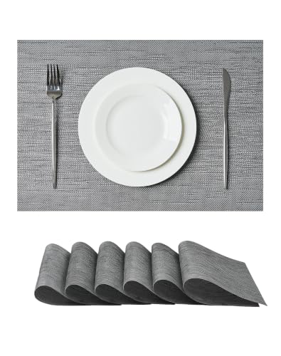 Leetaltree Grey Placemats, Heat Resistant Non-Slip Place mats for Dining Table, Washable Durable PVC Vinyl Woven Table Mats (Set of 6)